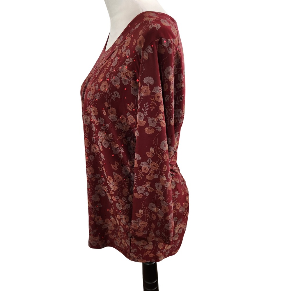 Susan Graver Burgundy Floral 3/4 Sleeve Sequin Top Size Medium Fall Autumn Shirt - Picture 4 of 8